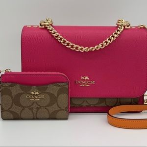 Coach Klare Crossbody In Colorblock Signature Canvas + L Zip Card Case Pink Set